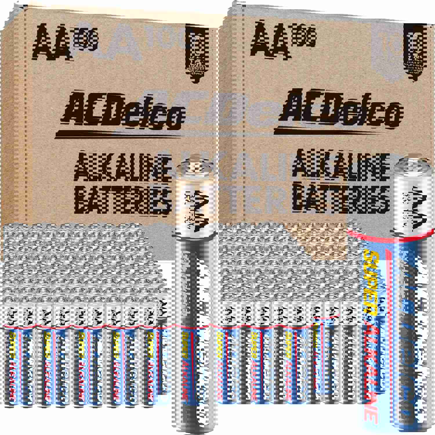 ACDelco 100-Count AA Batteries, Maximum Power Super Alkaline Battery, 10-Year Shelf Life, Reclosable Packaging
