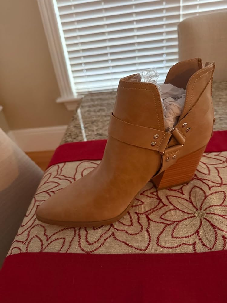 Coutgo Womens V Cutout Ankle Boots Pointed Toe Chunky Stacked Heel Booties Zip Up Western Boots Shoes