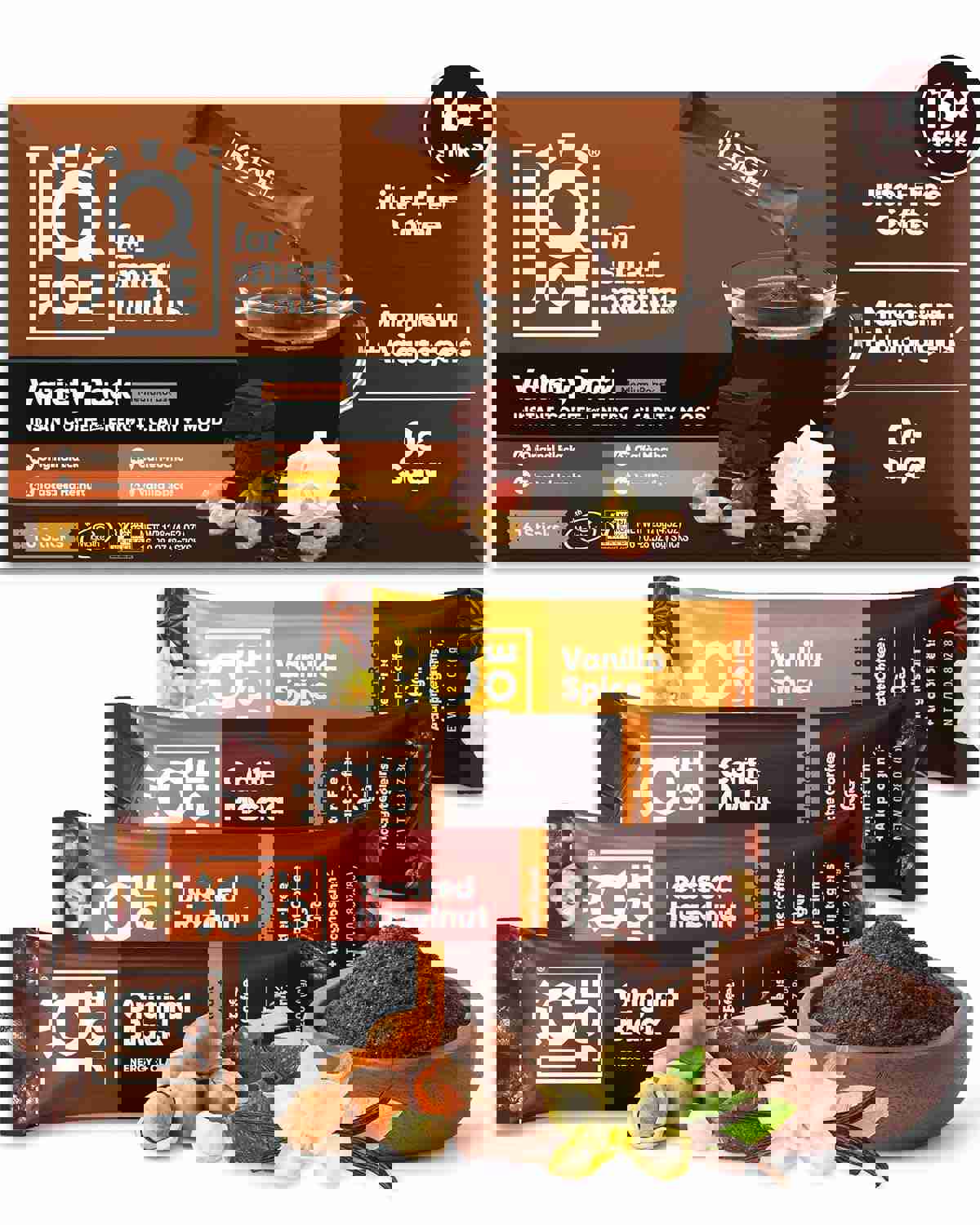 IQJOE Mushroom Coffee Packets (16 Servings) Lion’s Mane, Magtein Magnesium, Antioxidants, Adaptogens - Variety Pack - Instant Coffee for Focus, Clarity, Mood, Energy Boost - Sugar Free, Keto, Vegan